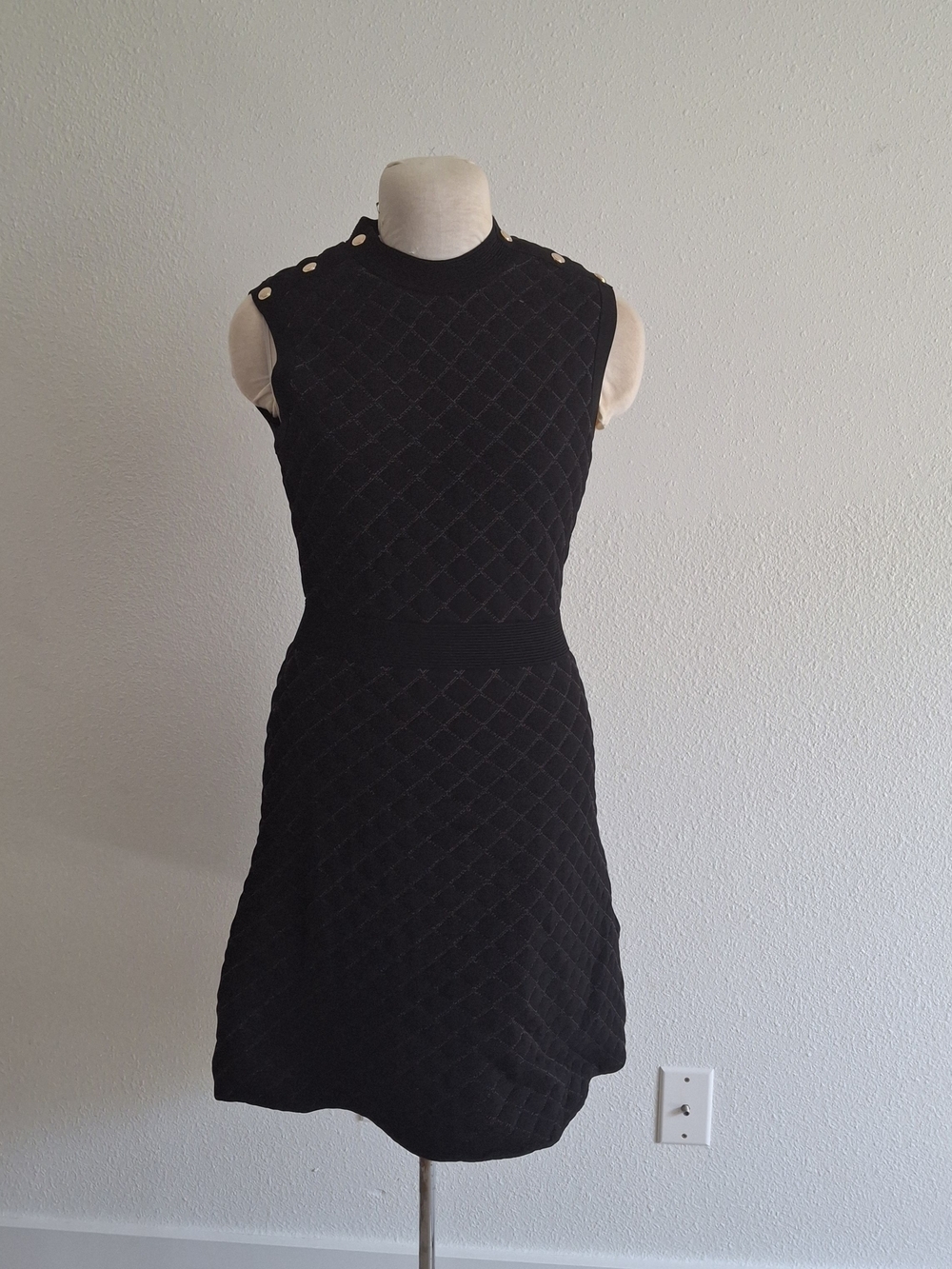 Sandro Black Quilted Sleeveless Dress with Gold Buttons